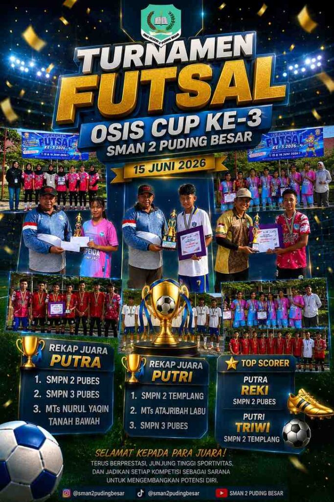 🏆 SMPN 2 Puding Besar dan SMPN 2 Tempilang Raih Gelar Juara, OSIS Cup Ke-3 SMAN 2 Puding Besar Jadi Ajang Sportivitas dan Promosi SPMB 2026
